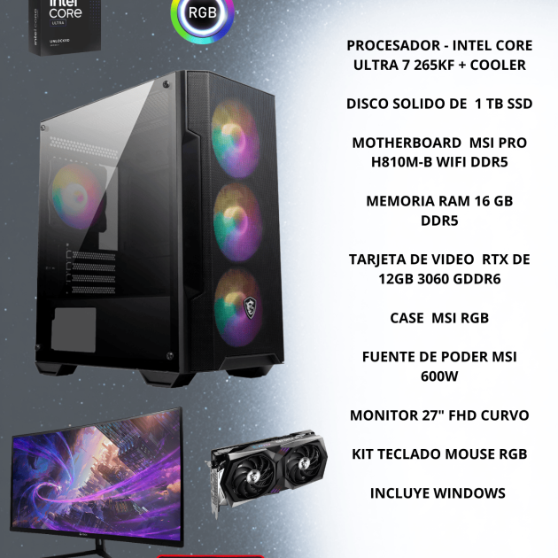 CPU GAMER INTEL ULTRA 7-265KF + TARJETA DE VIDEO + RAM 16 GB DDR5