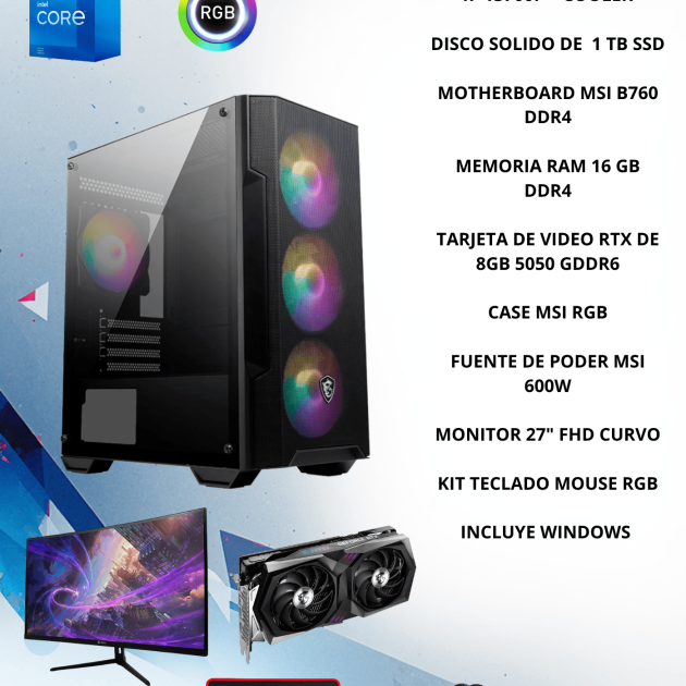 CPU GAMER INTEL CORE I7 -13700F + RTX NVIDIA 5050 8GB + DDR4 RAM 16GB
